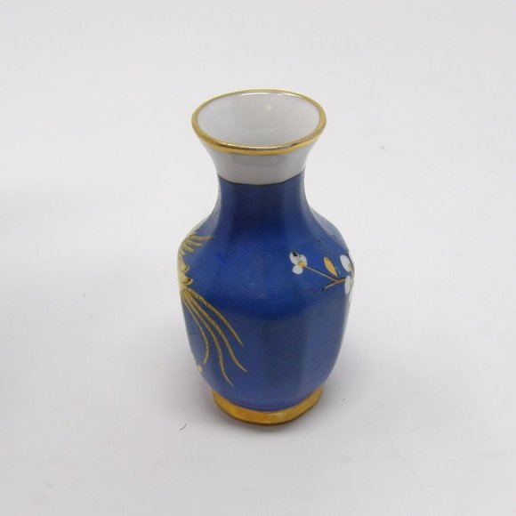 Vintage Oriental Porcelain Vase Blue with Yellow Pheasant Bird Gold Accents and - Picture 9 of 10